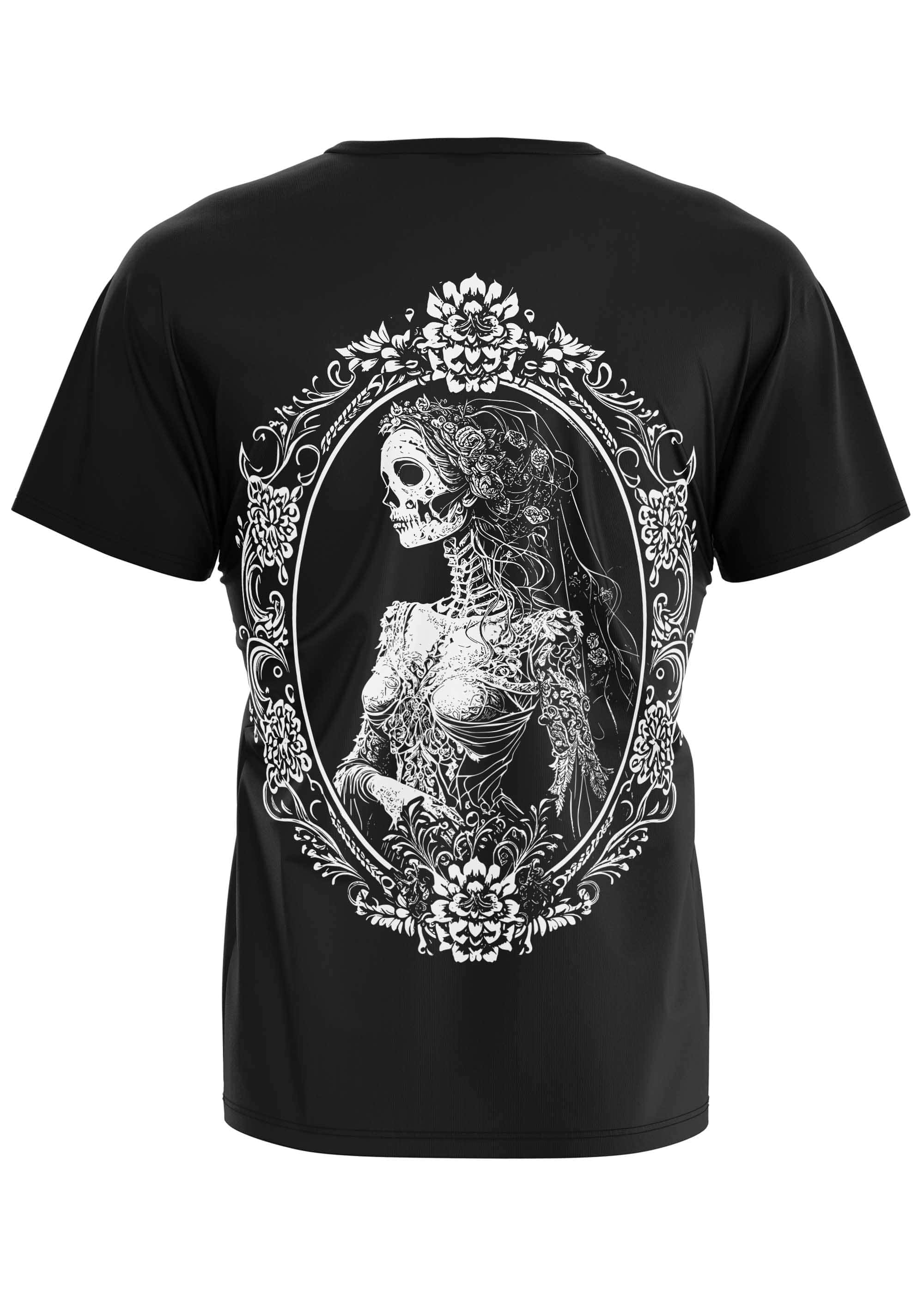 Schwarzes gothic kurzarmshirt mit weißem horror grafikdruck einer skelettbraut im floralen rahmen auf der rückseite